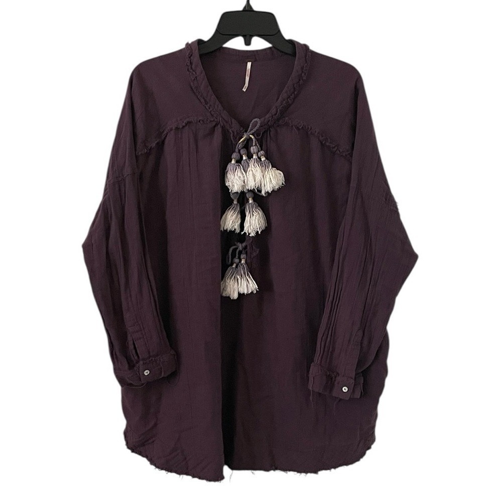 Free People Women's Plum Purple‎ Boho Front Tie Oversized Gauze Top Size XS